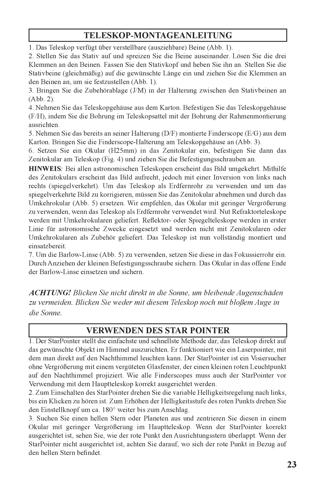 Bushnell 786050 instruction manual Teleskop-Montageanleitung, Verwenden DES Star Pointer 