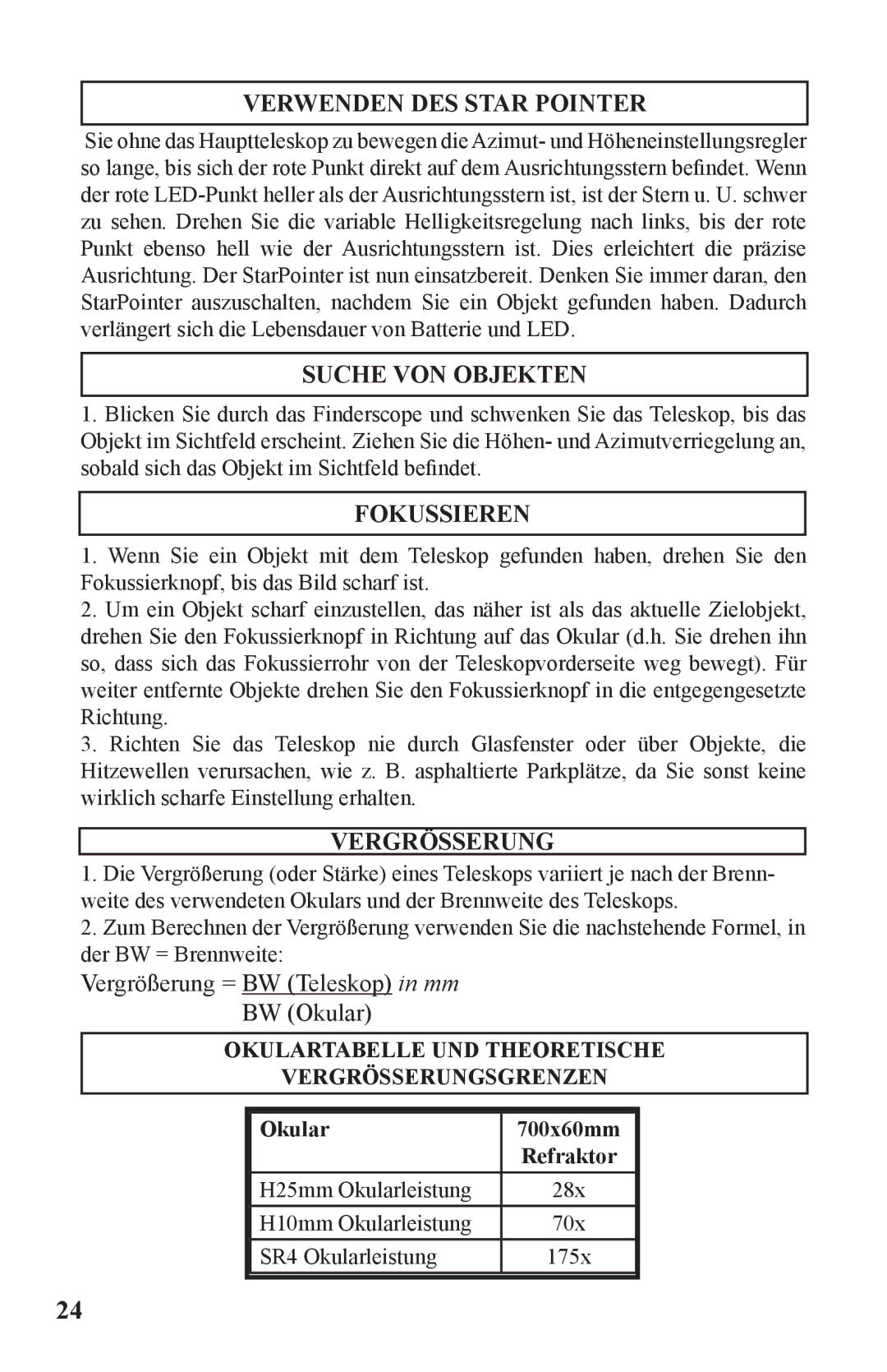 Bushnell 786050 Suche VON Objekten, Fokussieren, Okulartabelle UND Theoretische Vergrösserungsgrenzen 