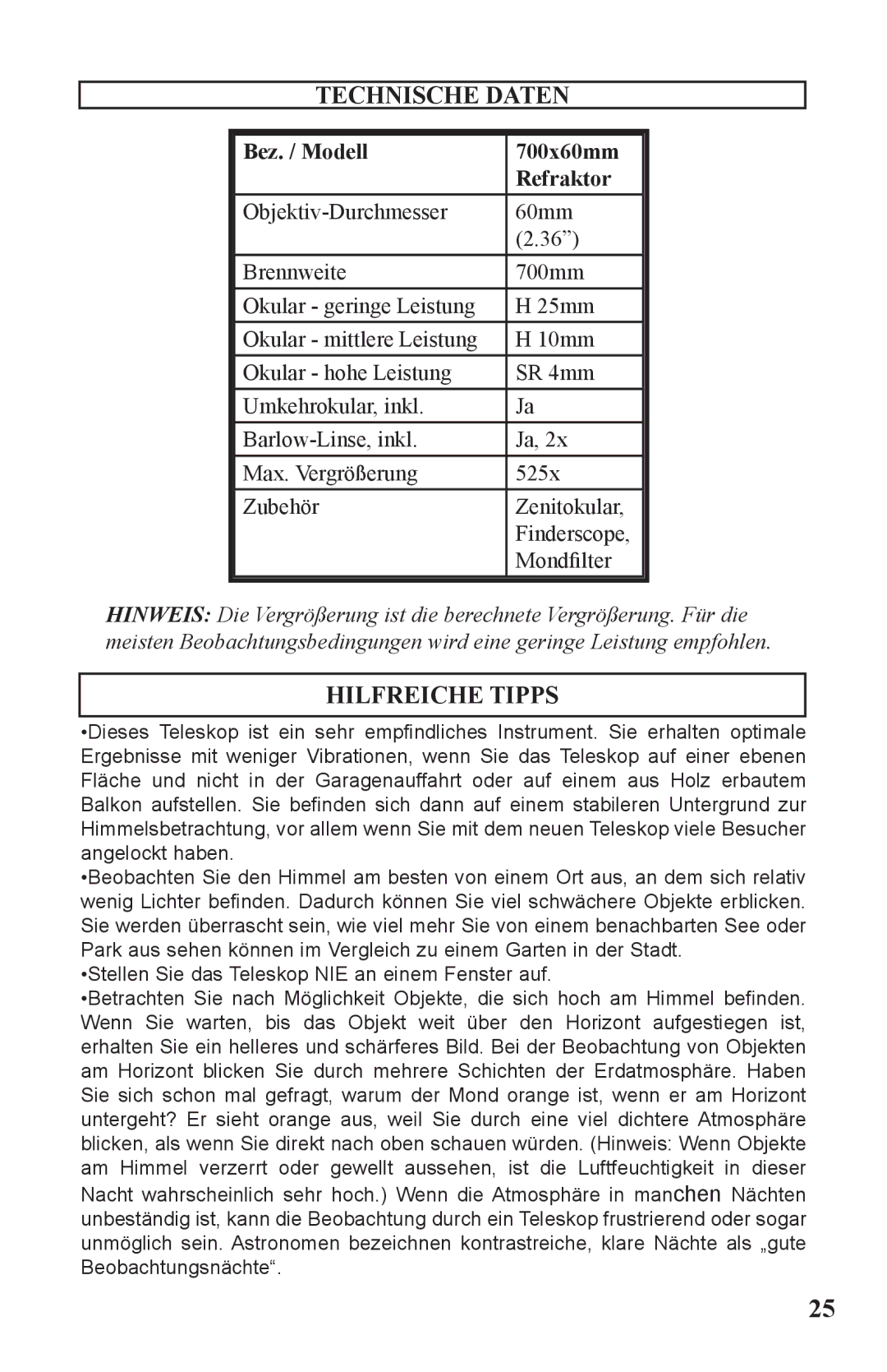 Bushnell 786050 instruction manual Technische Daten, Hilfreiche Tipps, Bez. / Modell 700x60mm Refraktor 