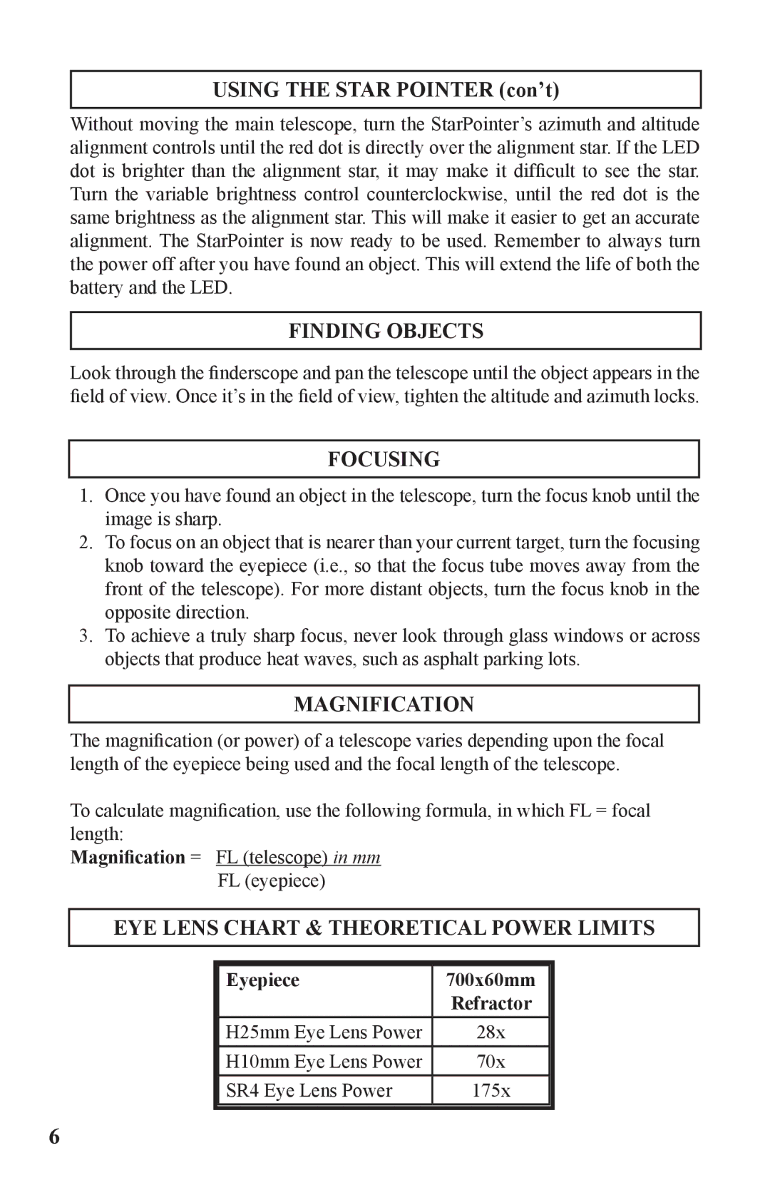 Bushnell 786050 instruction manual Finding Objects, Focusing, Magnification, EYE Lens Chart & Theoretical Power Limits 