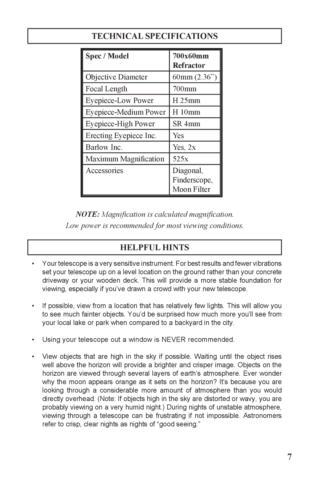 Bushnell 786050 instruction manual Technical Specifications, Helpful Hints, Spec / Model 700x60mm Refractor 