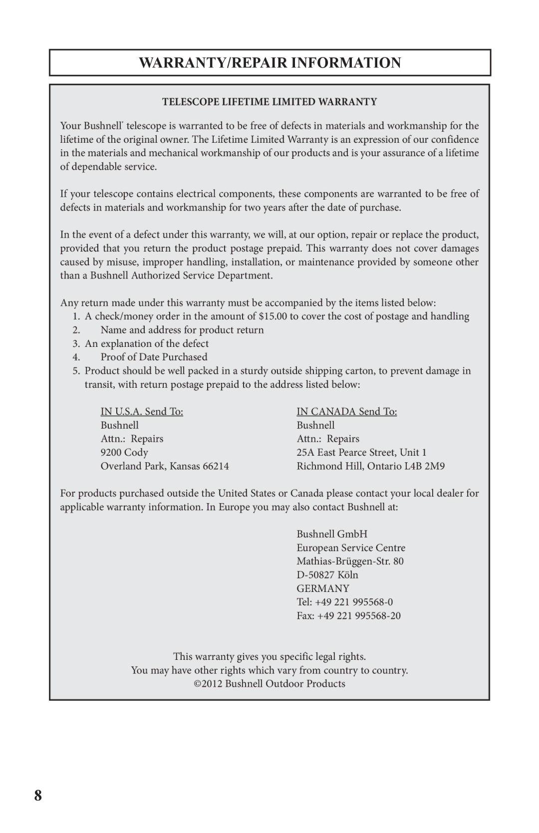 Bushnell 786050 instruction manual WARRANTY/REPAIR Information, Telescope Lifetime Limited Warranty 