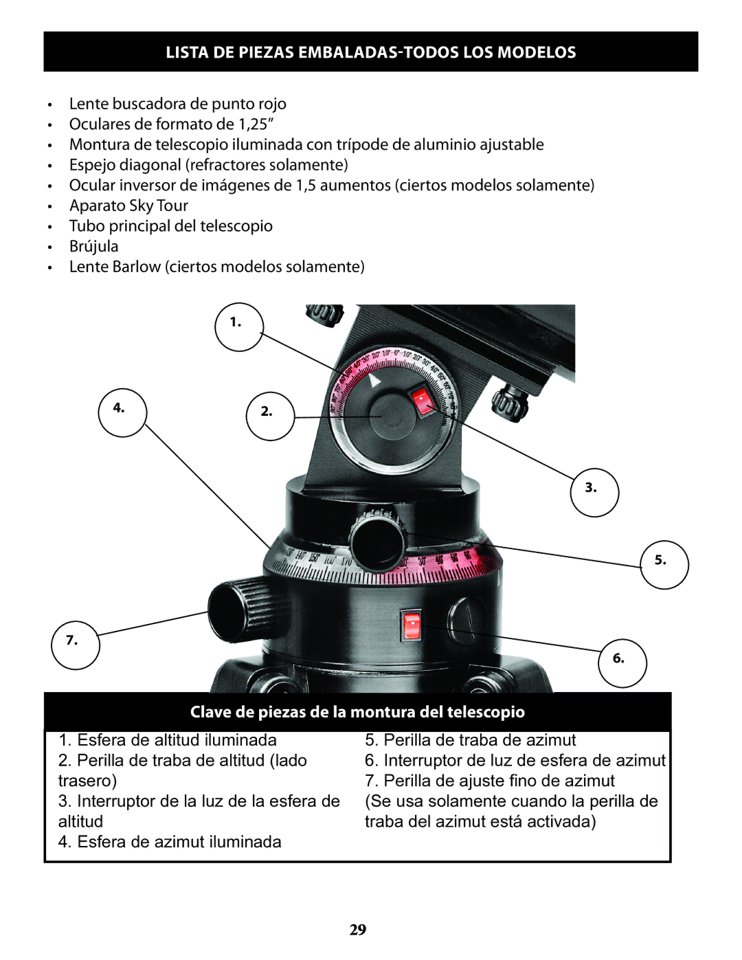 Bushnell 789961, 789971, 789946 Lista DE Piezas EMBALADAS-TODOS LOS Modelos, Clave de piezas de la montura del telescopio 