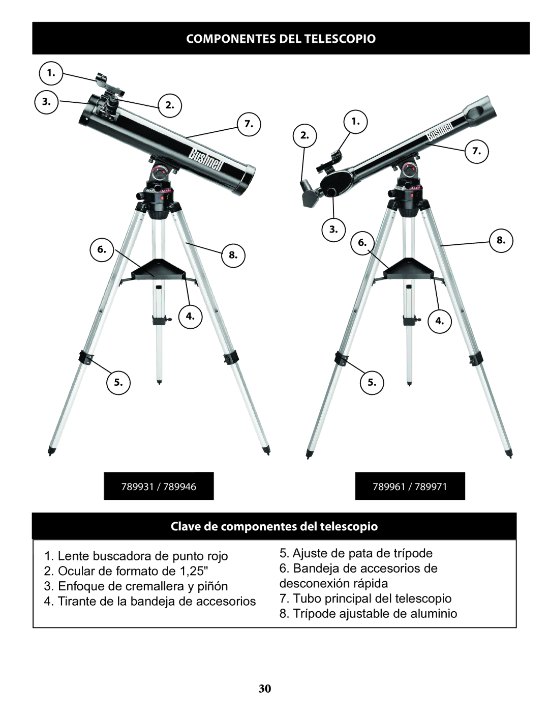 Bushnell 789946, 789971, 789961, 78993 instruction manual Componentes del telescopio, Clave de componentes del telescopio 