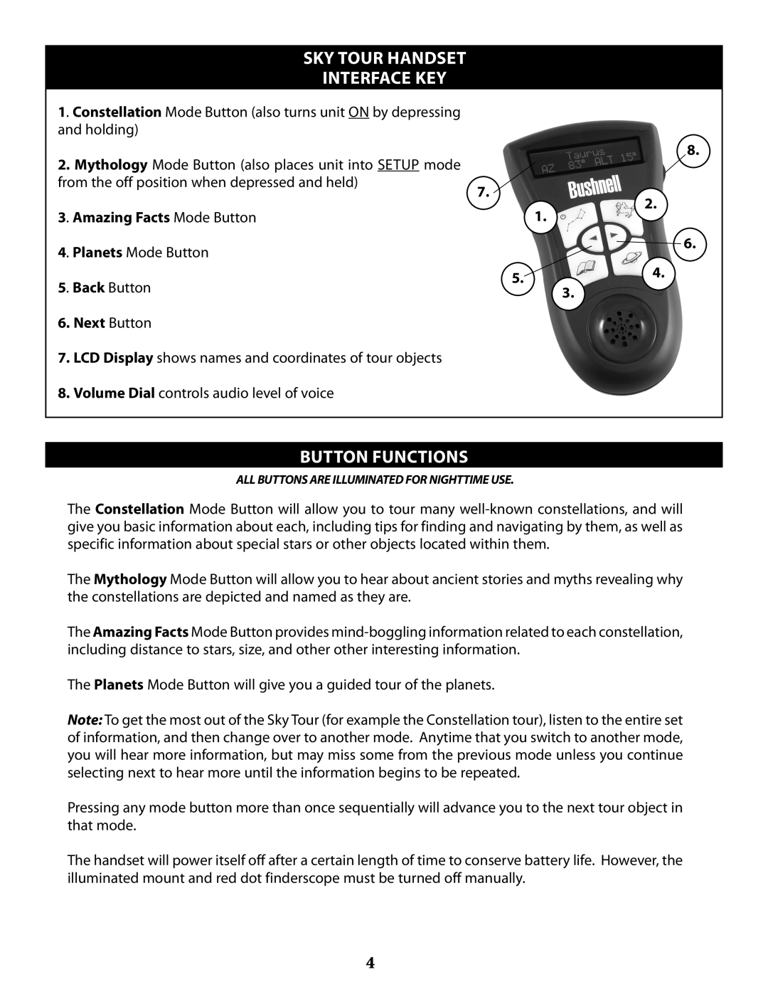 Bushnell 789971, 789961, 789946, 78993 instruction manual Sky Tour Handset Interface KEY, Button Functions 