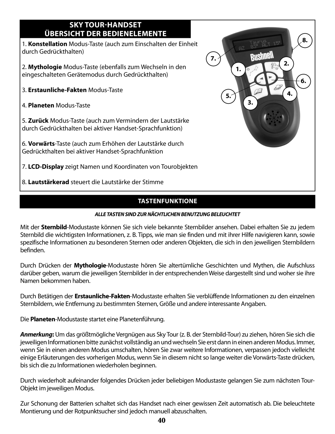 Bushnell 789971 Sky Tour-Handset, Übersicht DER Bedienelemente, Erstaunliche-Fakten Modus-Taste Planeten Modus-Taste 