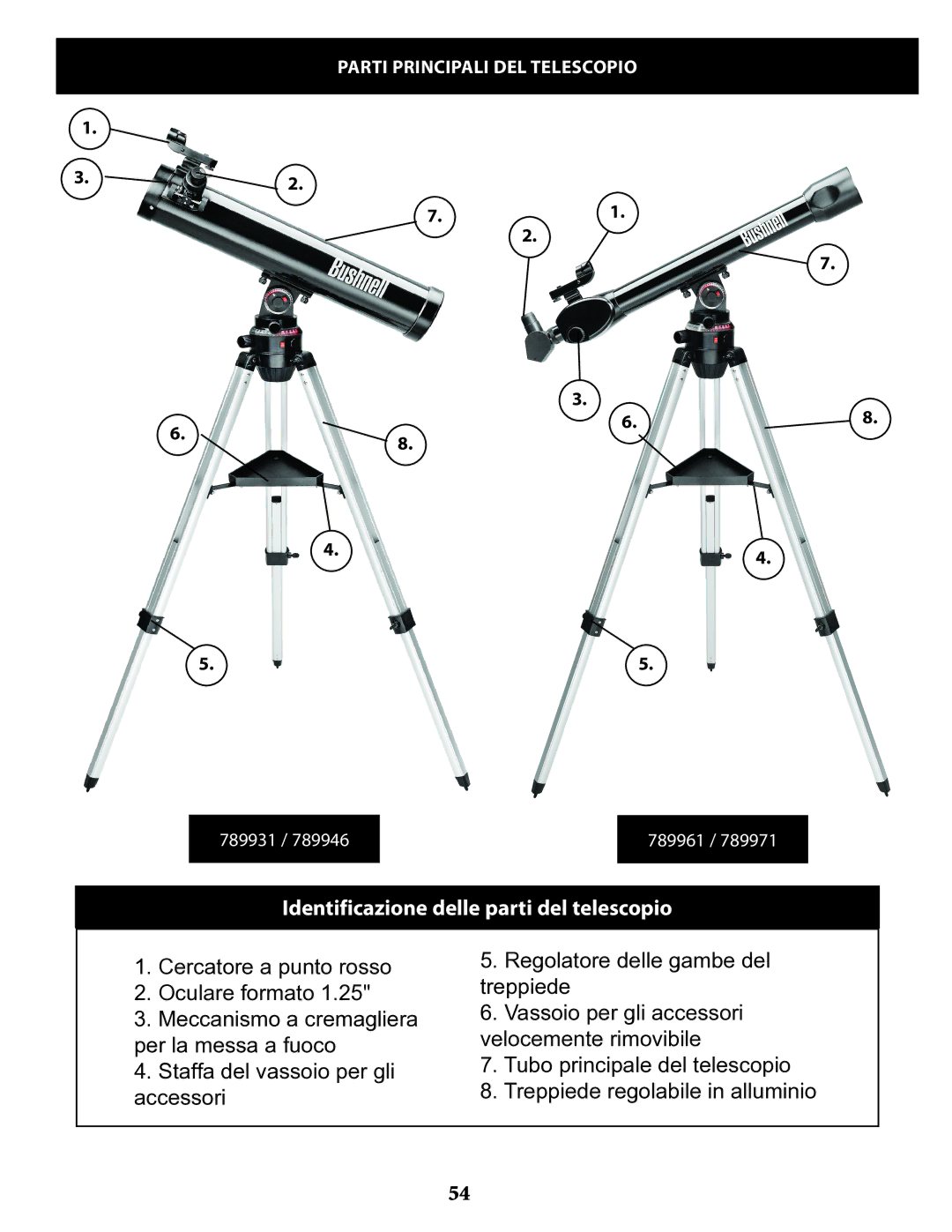 Bushnell 789946, 789971, 789961, 78993 instruction manual Identificazione delle parti del telescopio 