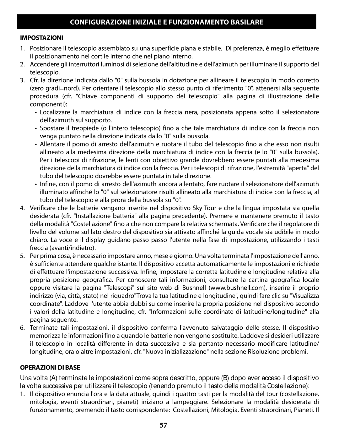 Bushnell 789961, 789971, 789946, 78993 Configurazione Iniziale E Funzionamento Basilare, Impostazioni, Operazioni DI Base 