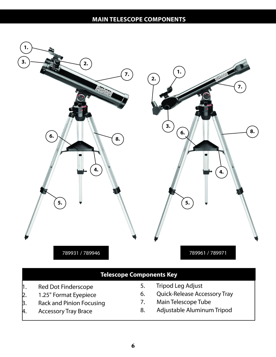 Bushnell 789946, 789971, 789961, 78993 instruction manual Main Telescope Components, Telescope Components Key 