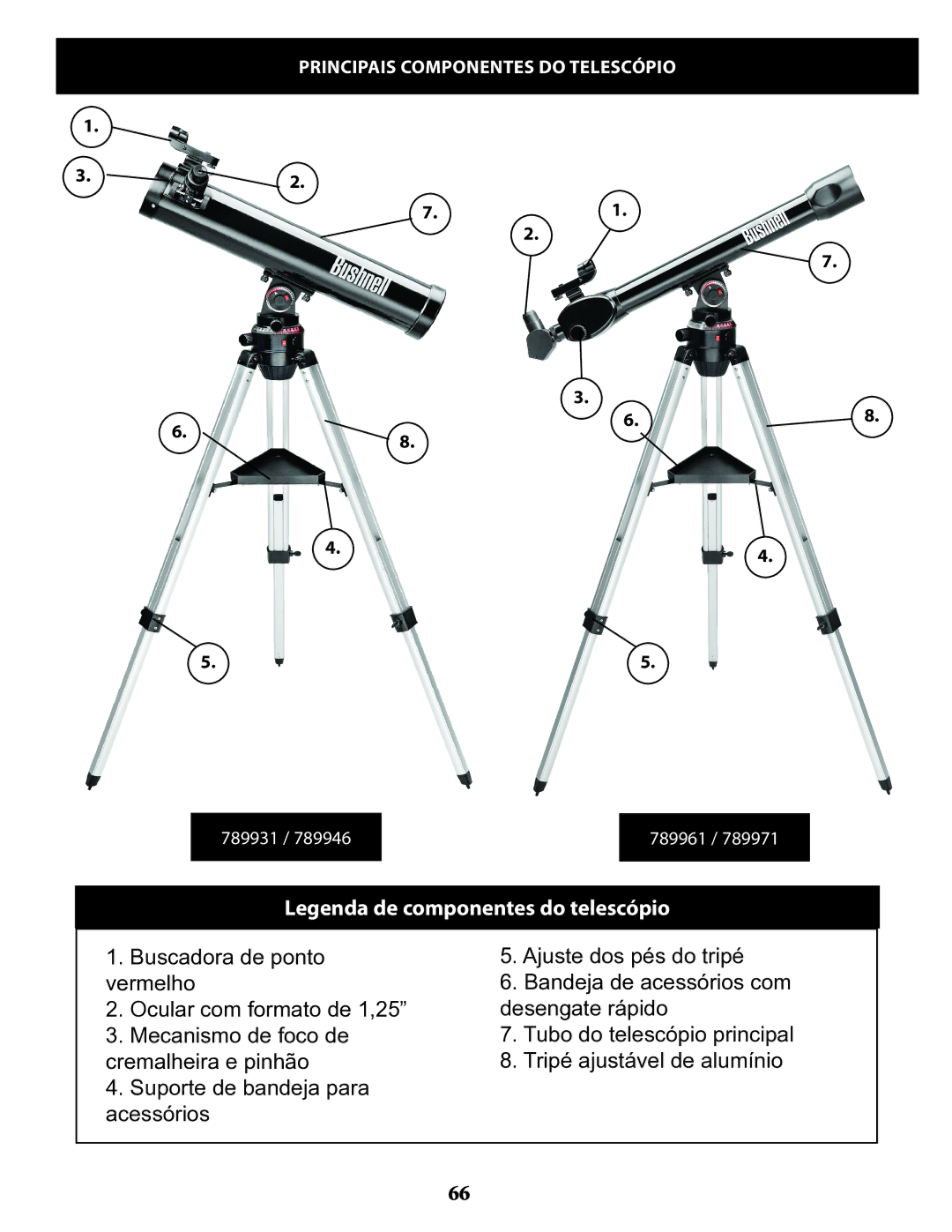 Bushnell 789946, 789971, 789961, 78993 instruction manual Principais componentes do telescópio 