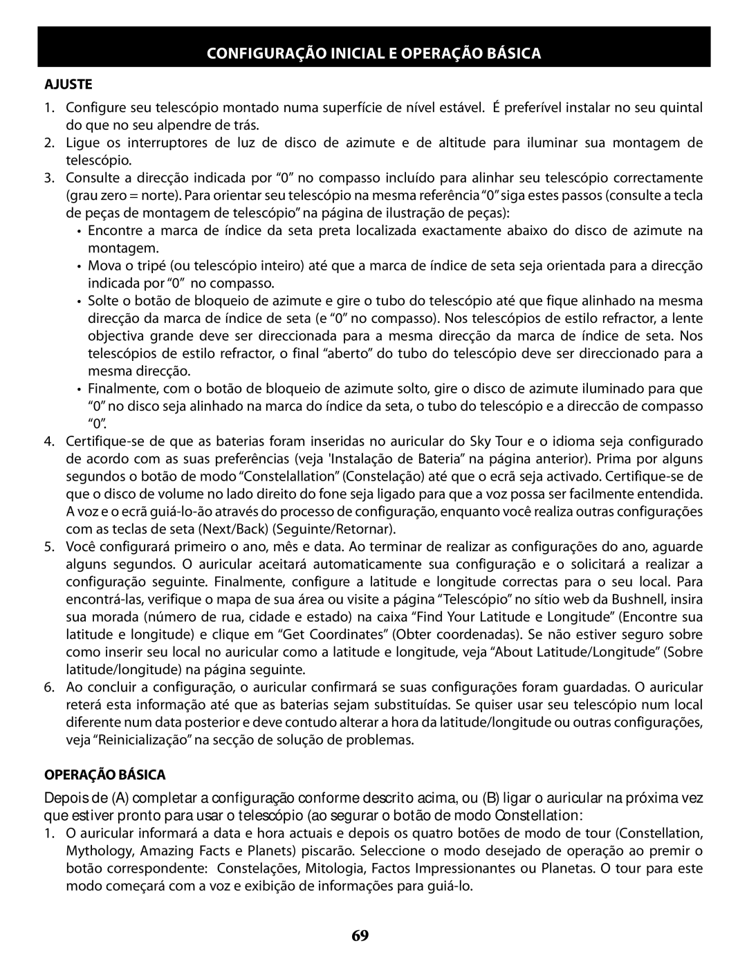 Bushnell 789961, 789971, 789946, 78993 instruction manual Configuração Inicial E Operação Básica, Ajuste 