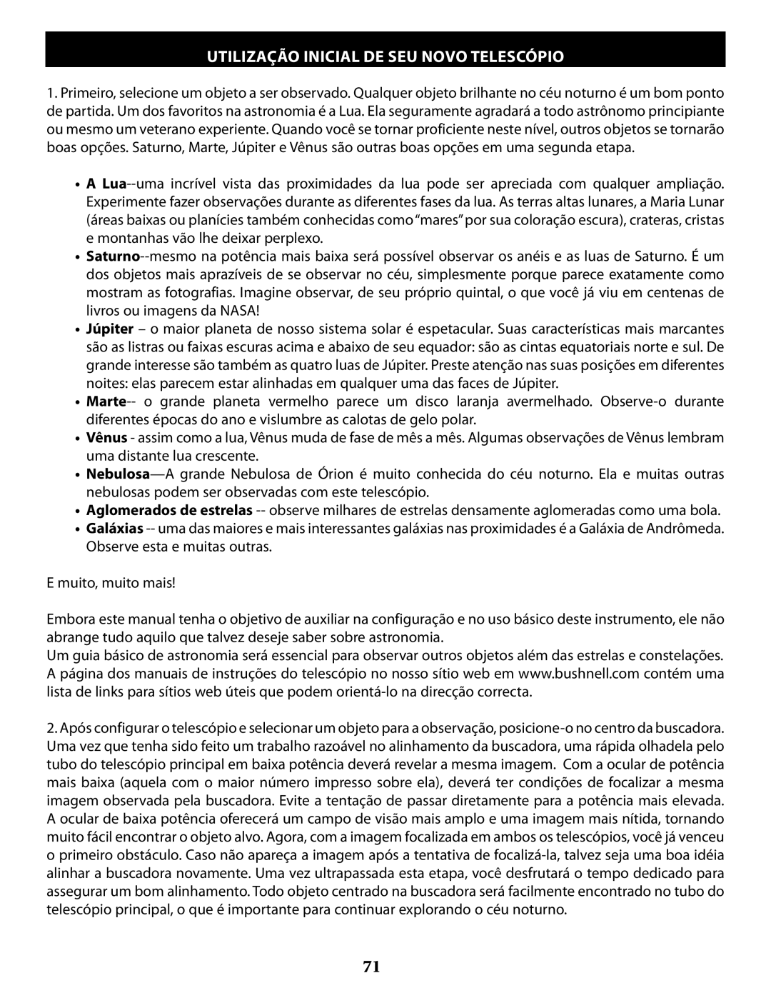 Bushnell 78993, 789971, 789961, 789946 instruction manual Utilização Inicial DE SEU Novo Telescópio 