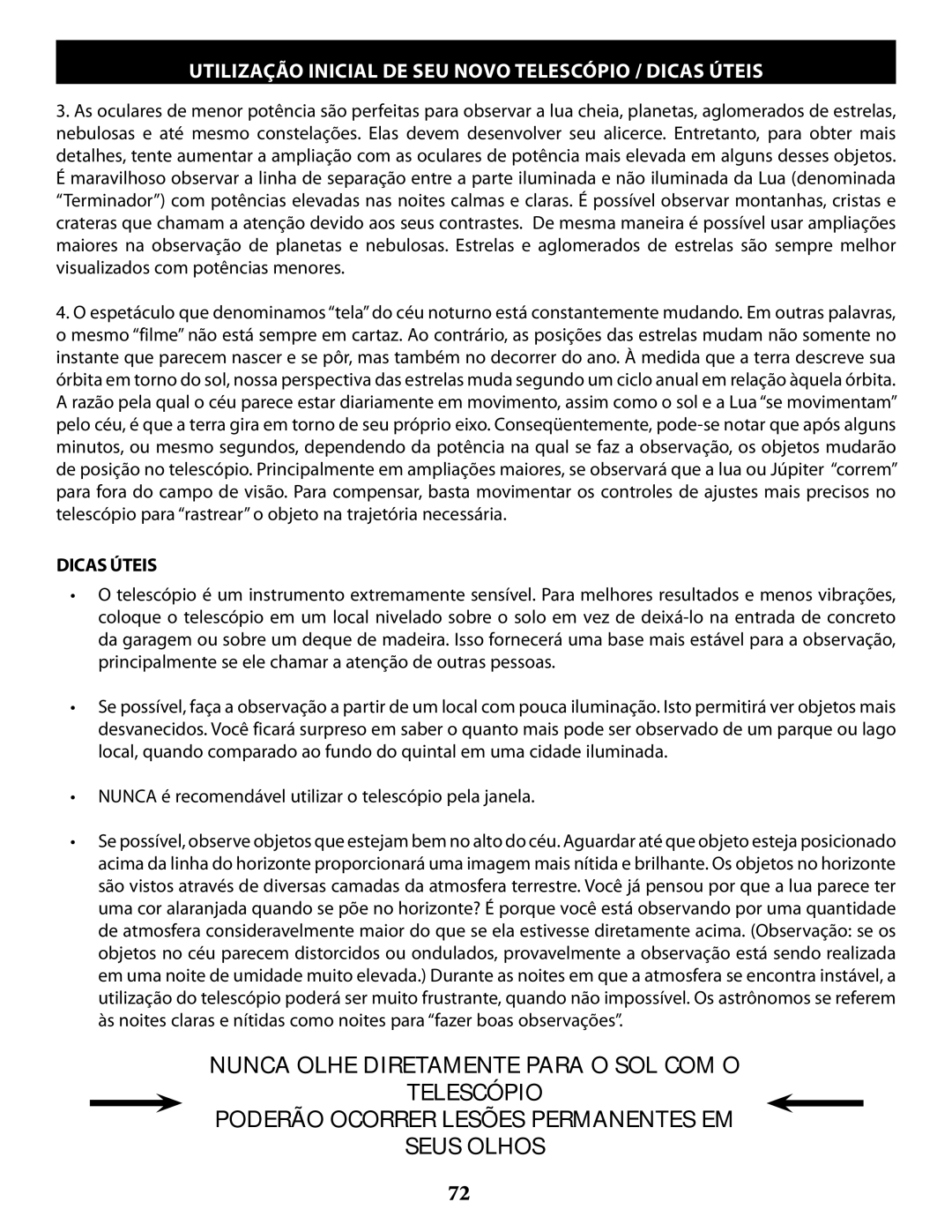 Bushnell 789971, 789961, 789946, 78993 instruction manual Utilização Inicial DE SEU Novo Telescópio / Dicas Úteis 