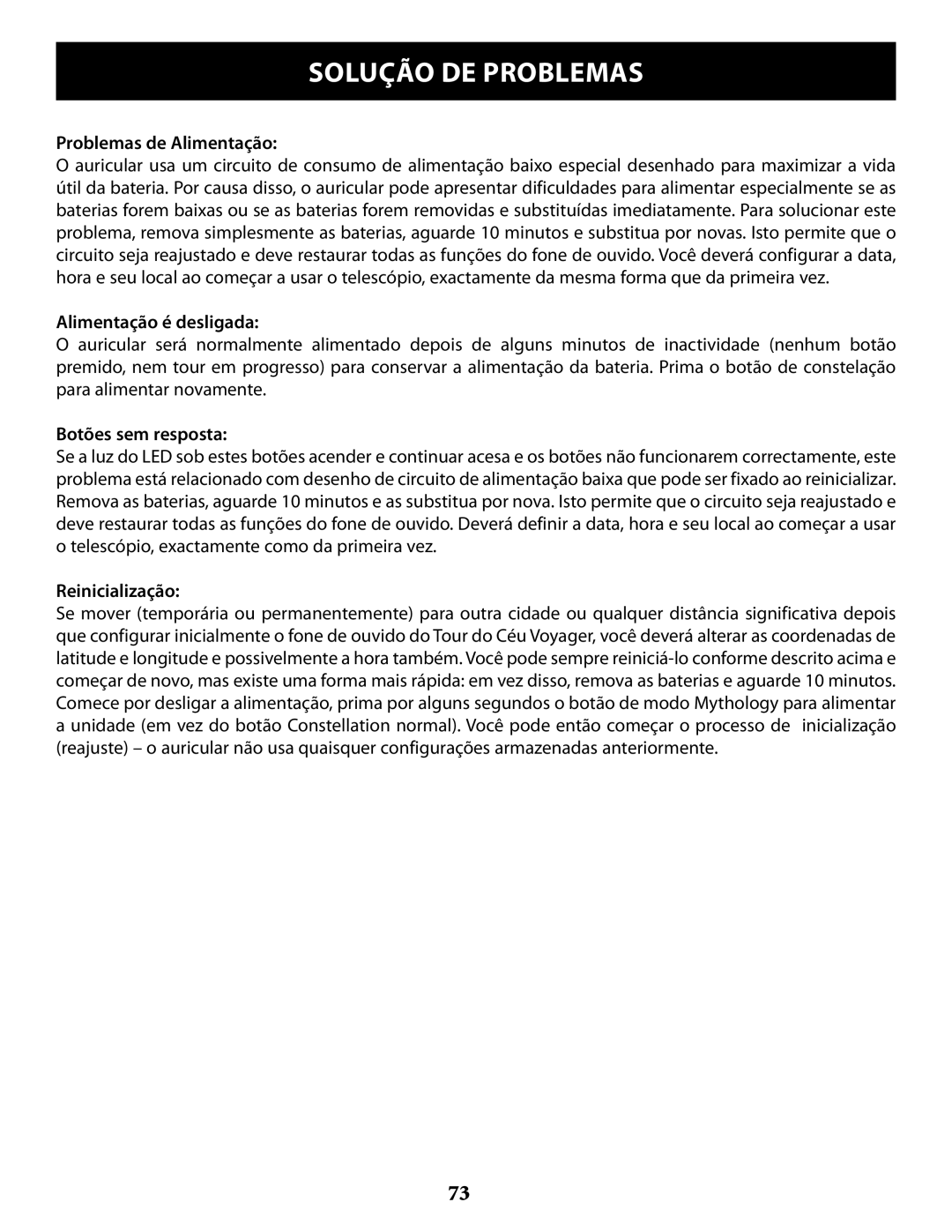 Bushnell 789961, 789971, 789946 Problemas de Alimentação, Alimentação é desligada, Botões sem resposta, Reinicialização 