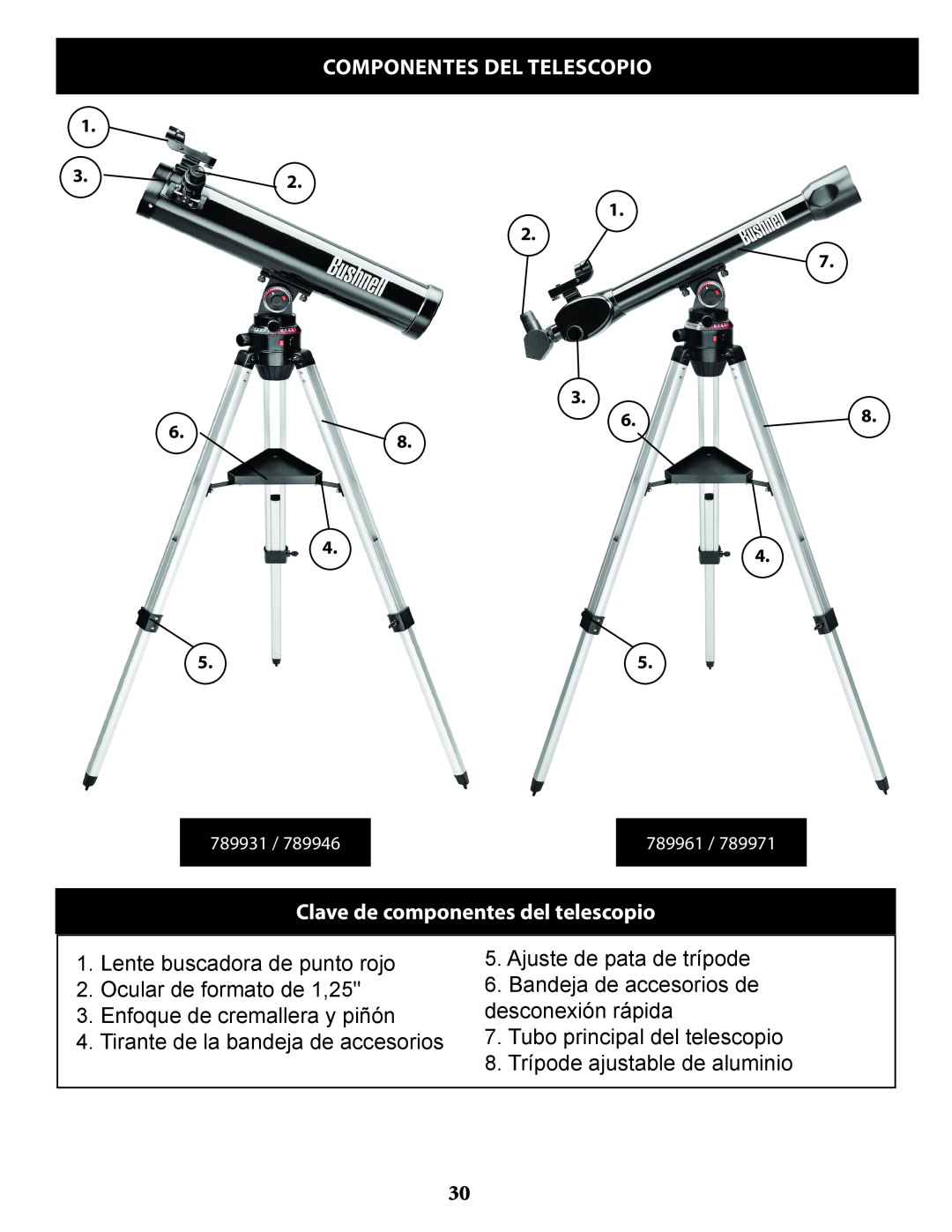 Bushnell 789946, 789971 instruction manual Clave de componentes del telescopio, 4.4 5.5, 789931, 789961 
