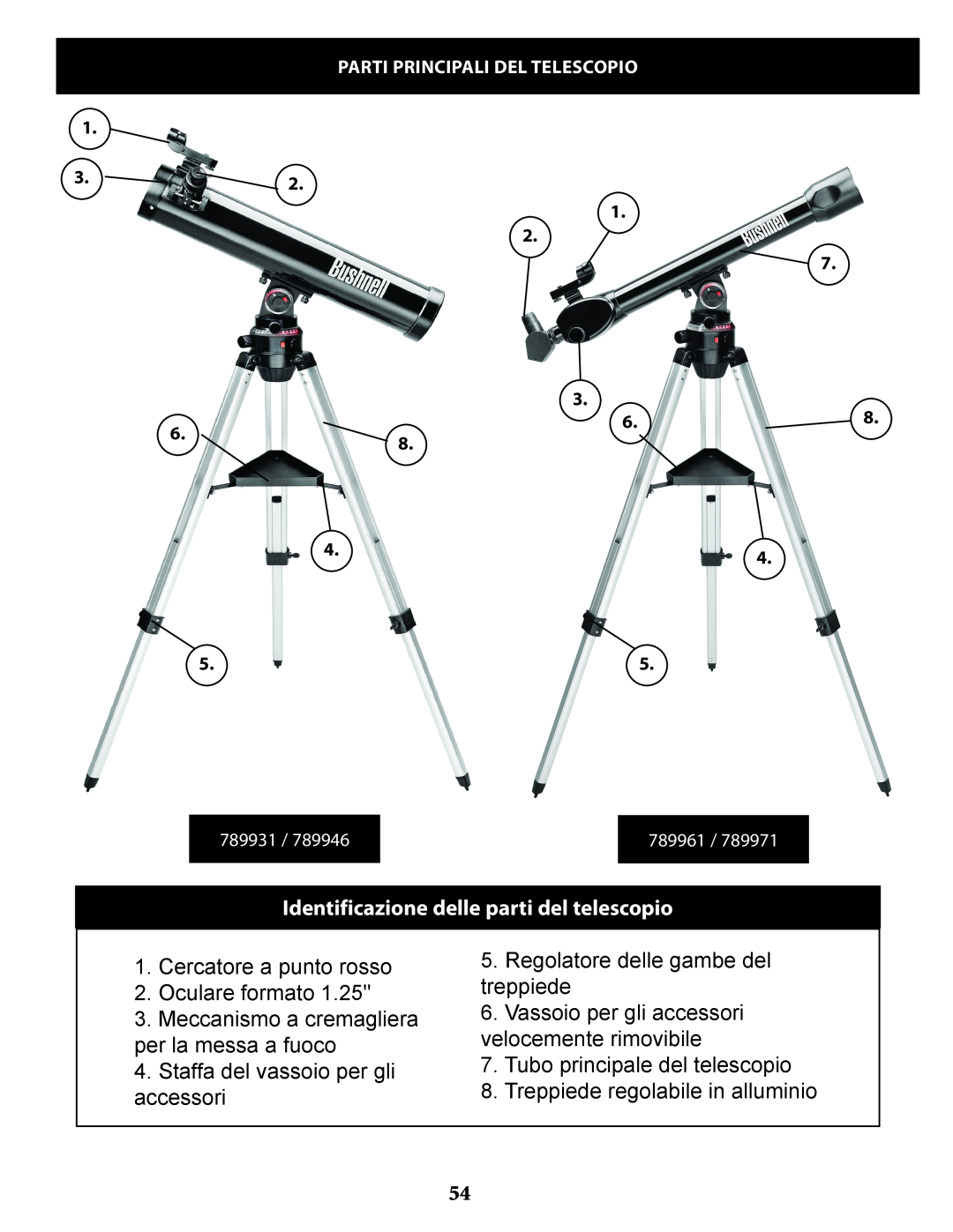 Bushnell 789946, 789971, 789961, 789931 instruction manual Identificazione delle parti del telescopio 