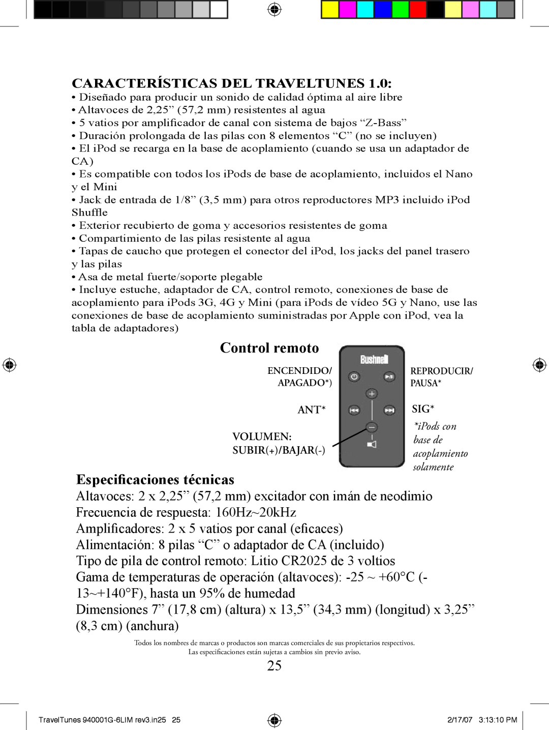 Bushnell 940001AP, 940001G, 94-0001 instruction manual Control remoto, Especificaciones técnicas 