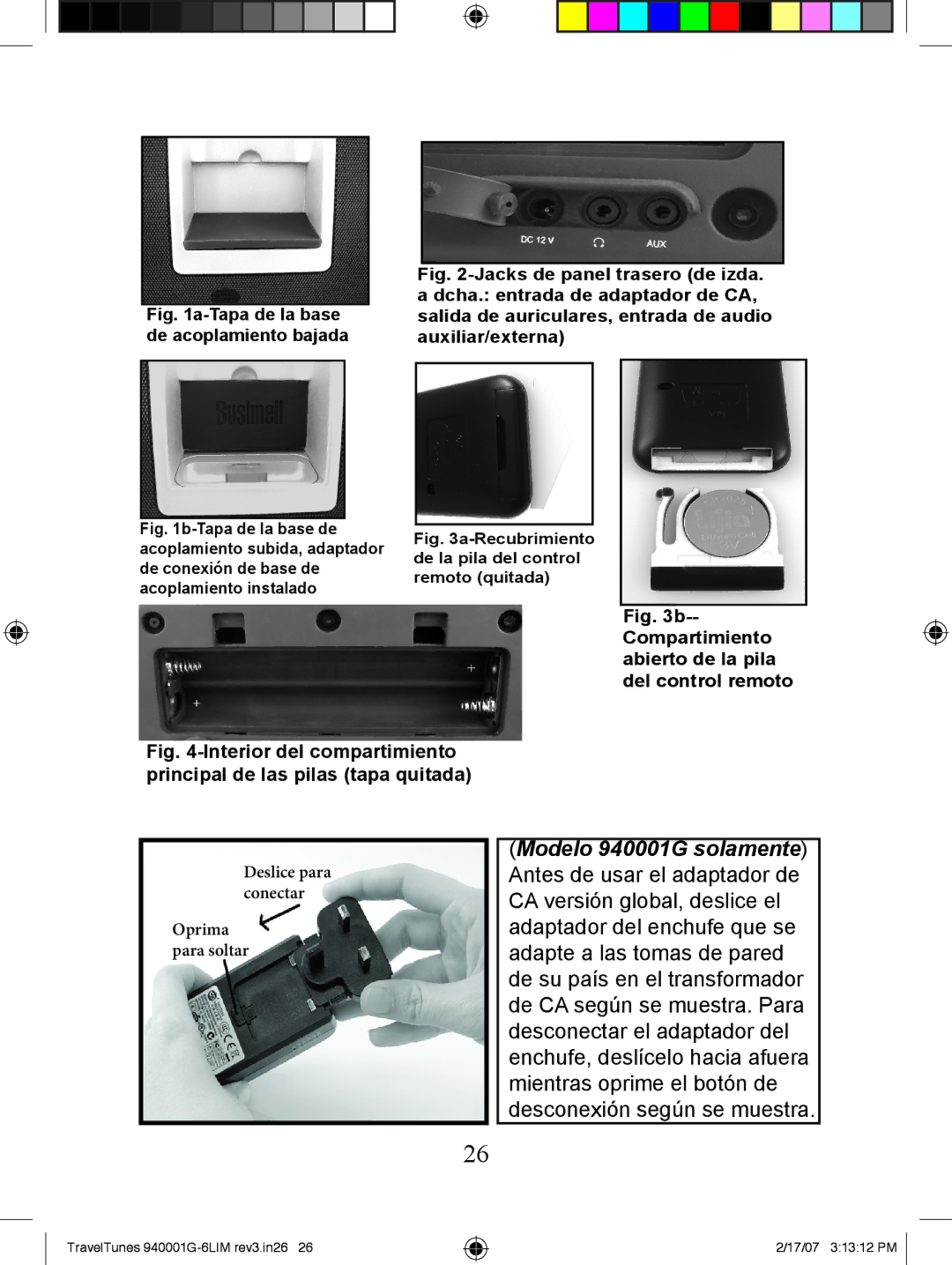 Bushnell 94-0001, 940001G, 940001AP instruction manual Compartimiento abierto de la pila del control remoto 