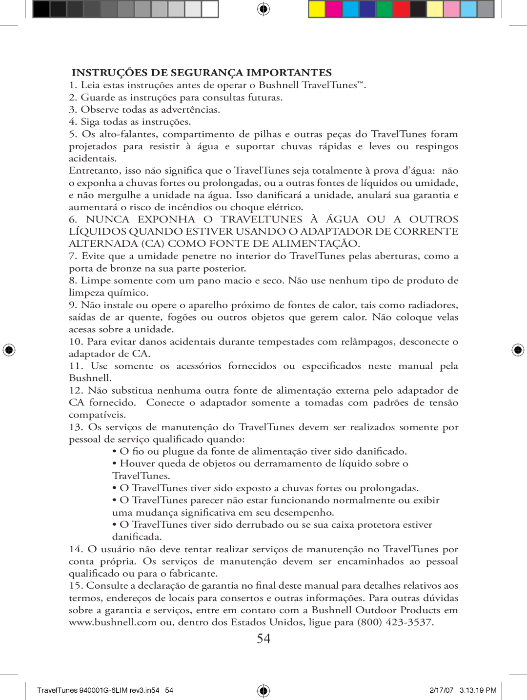 Bushnell 940001G, 940001AP, 94-0001 instruction manual Instruções de segurança importantes 