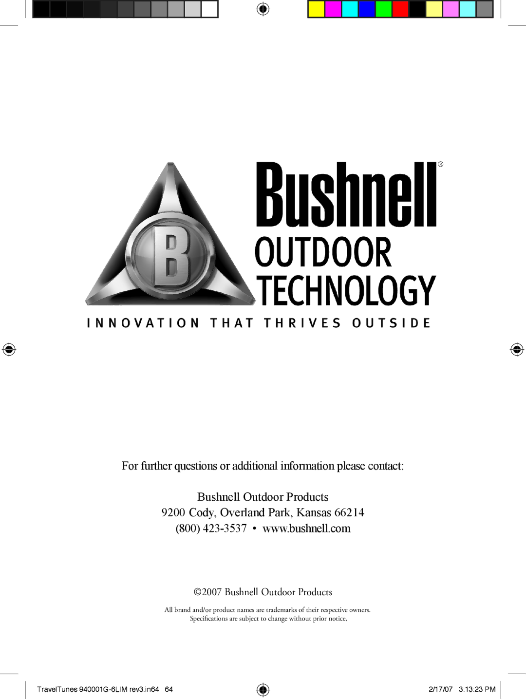 Bushnell 940001AP, 94-0001 instruction manual TravelTunes 940001G-6LIM rev3.in64 17/07 31323 PM 