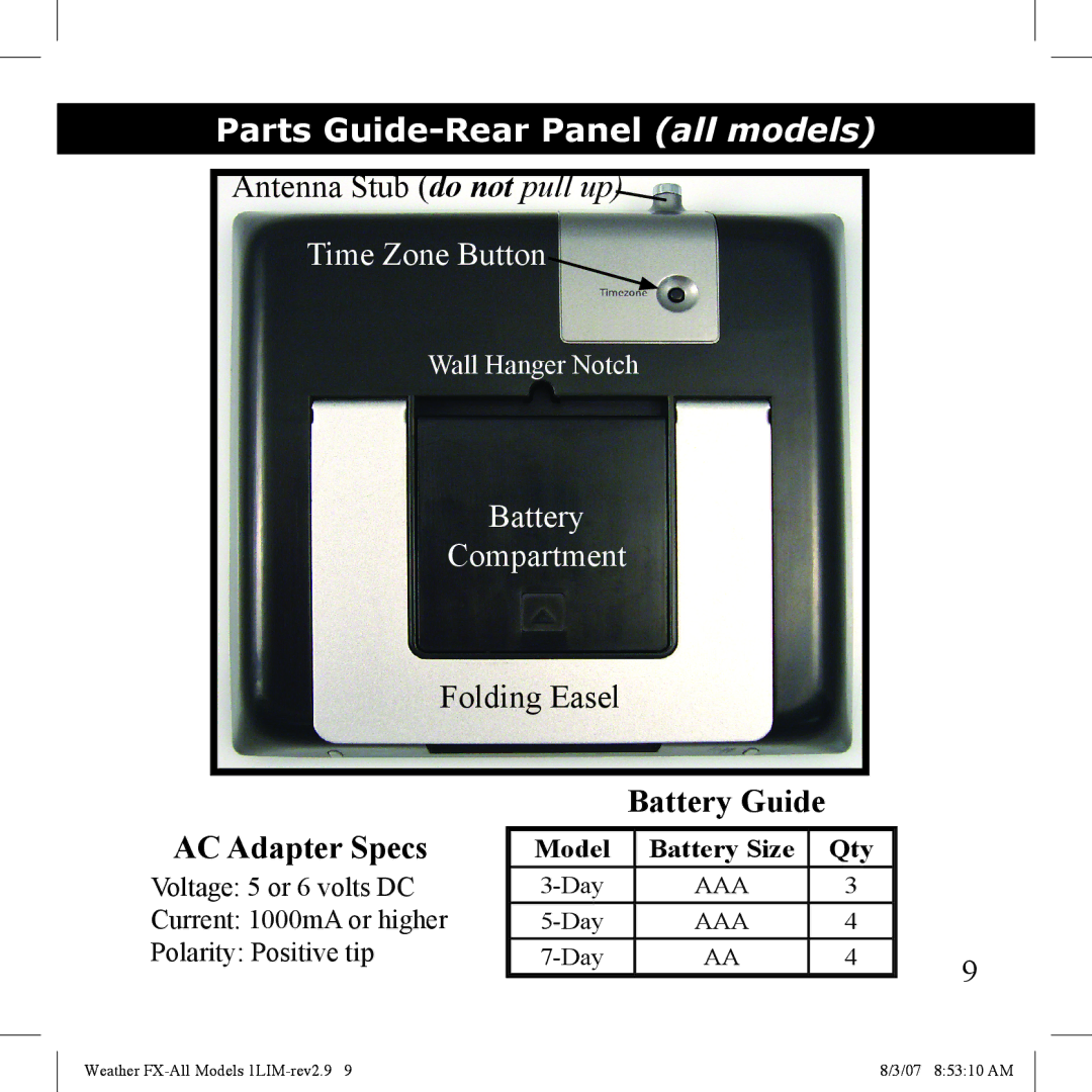 Bushnell 950005, 950007, 950003 manual Parts Guide-Rear Panel all models, Battery Guide AC Adapter Specs 