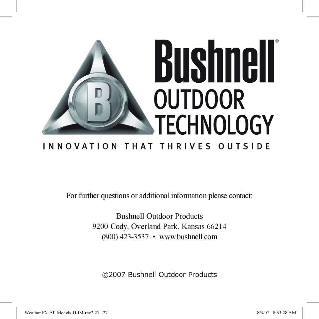 Bushnell 950005, 950007, 950003 Bushnell Outdoor Products, Cody, Overland Park, Kansas, Weather FX-AllModels 1LIM-rev2.2727 