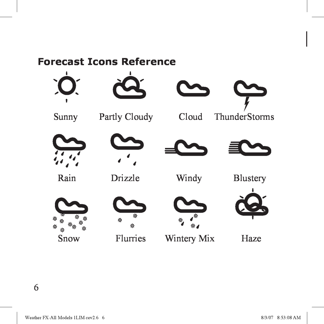 Bushnell 950005 Forecast Icons Reference, Sunny, Partly Cloudy, Cloud ThunderStorms, Rain Drizzle Windy Blustery, Snow 