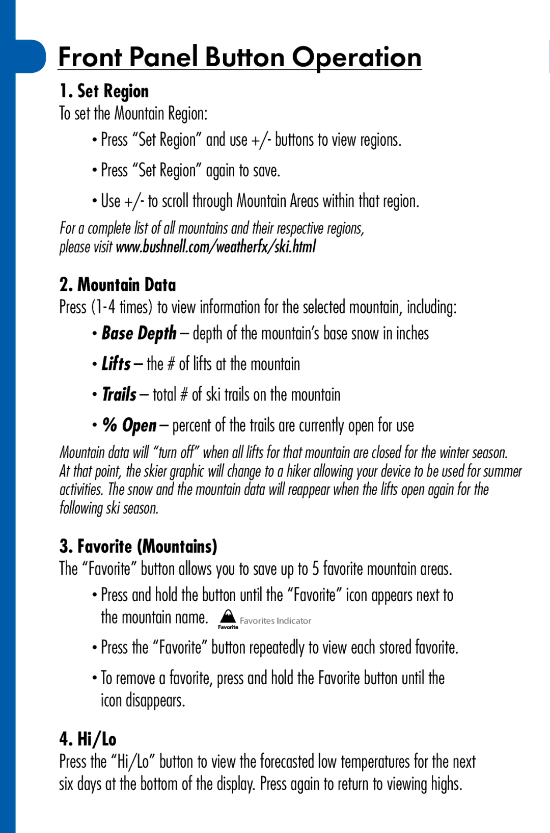 Bushnell 950070C quick start Front Panel Button Operation, Set Region, Mountain Data, Favorite Mountains, Hi/Lo 