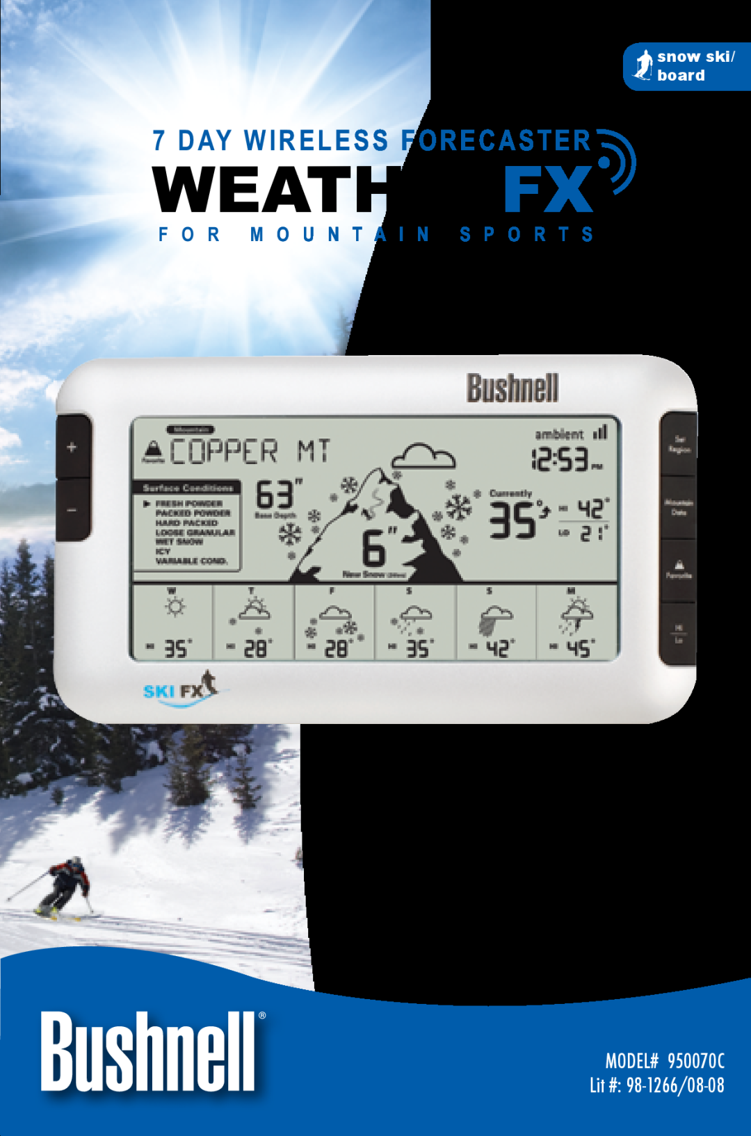 Bushnell 950070C quick start Quick Start Guide, Weatherfx, Day Wireless Forecaster, F O R M O U N T A I N S P O R T S 