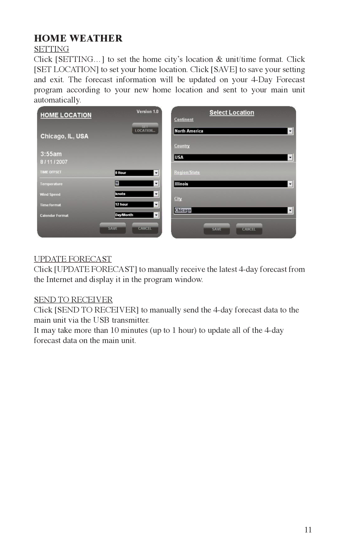 Bushnell 960040 instruction manual Home Weather, Setting, Update Forecast, Send to Receiver 