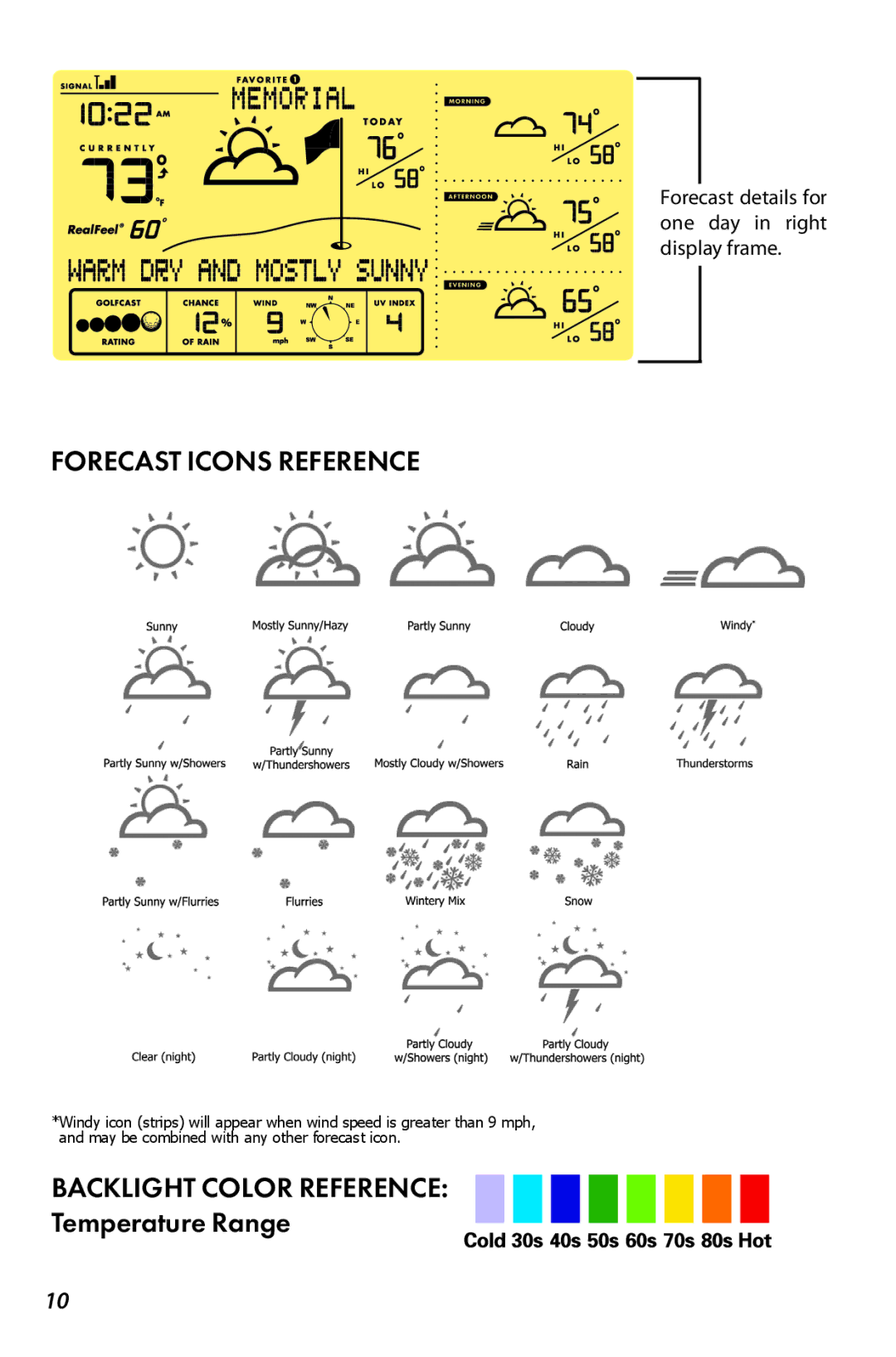 Bushnell 960071C user manual Forecast Icons Reference, Backlight Color Reference 