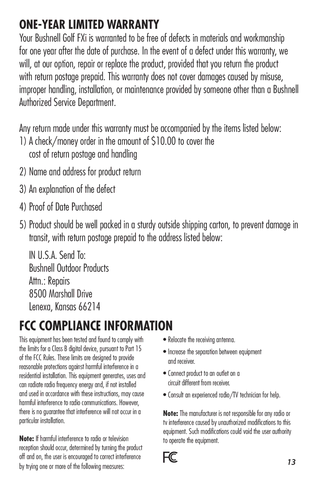 Bushnell 960071C user manual FCC Compliance Information 