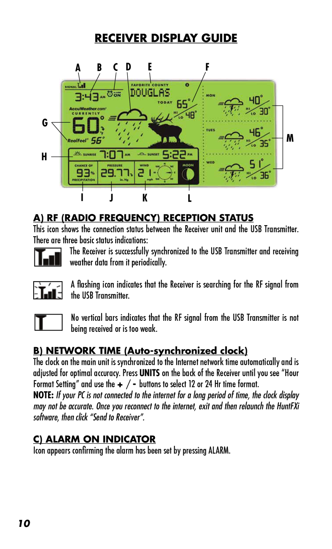 Bushnell 960072C RF Radio Frequency Reception Status, Network Time Auto-synchronized clock, Alarm on Indicator 