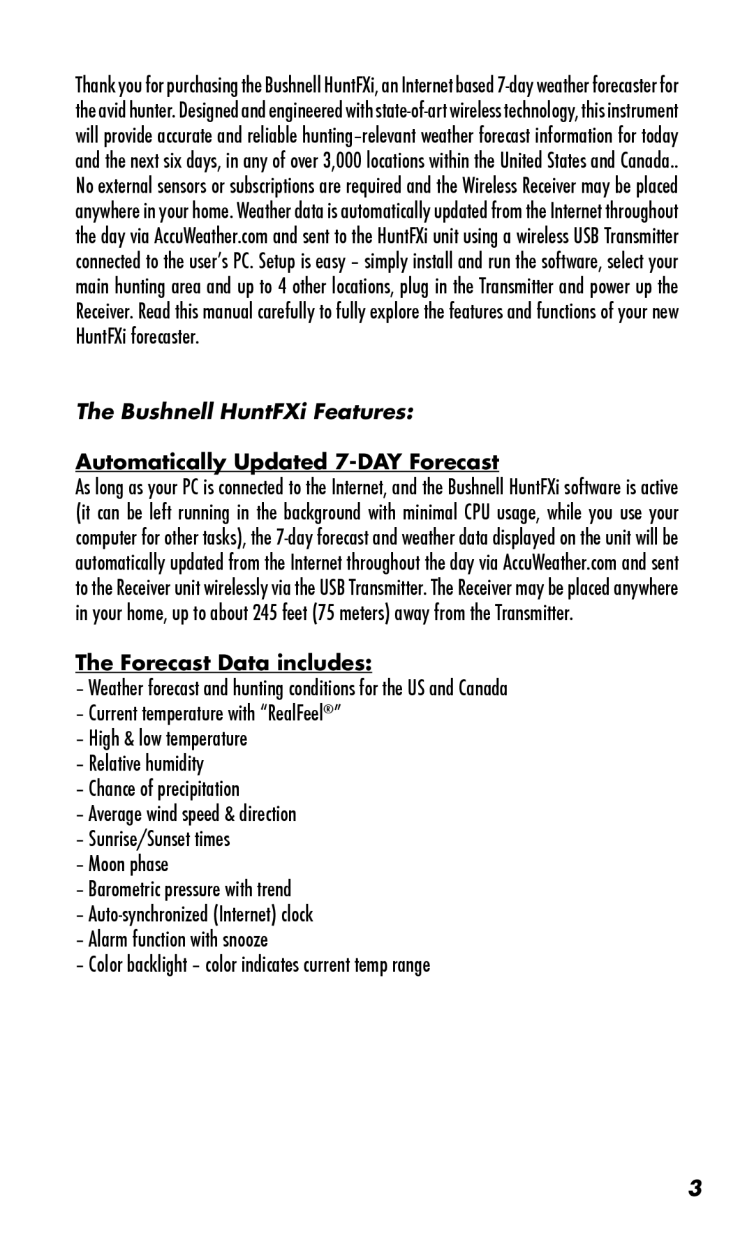 Bushnell 960072C instruction manual Bushnell HuntFXi Features, Automatically Updated 7-DAY Forecast Forecast Data includes 