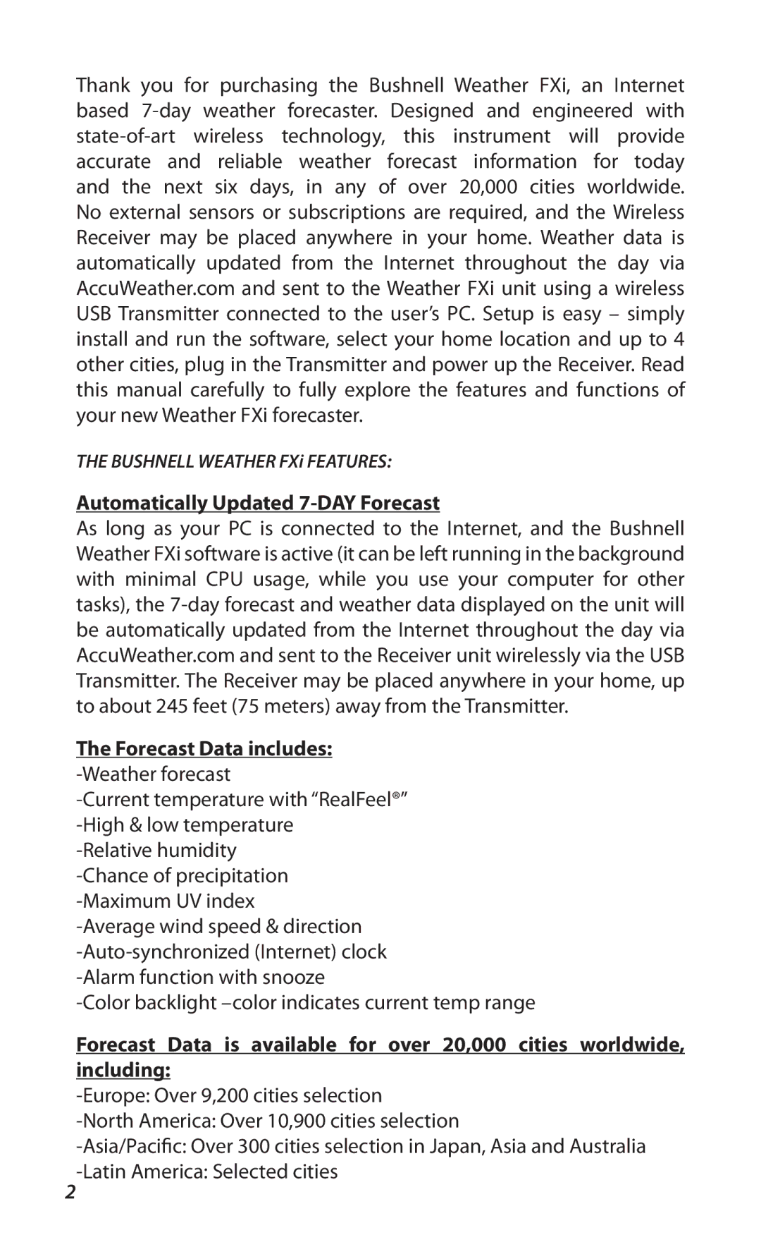 Bushnell 960900C instruction manual Bushnell Weather FXi Features 