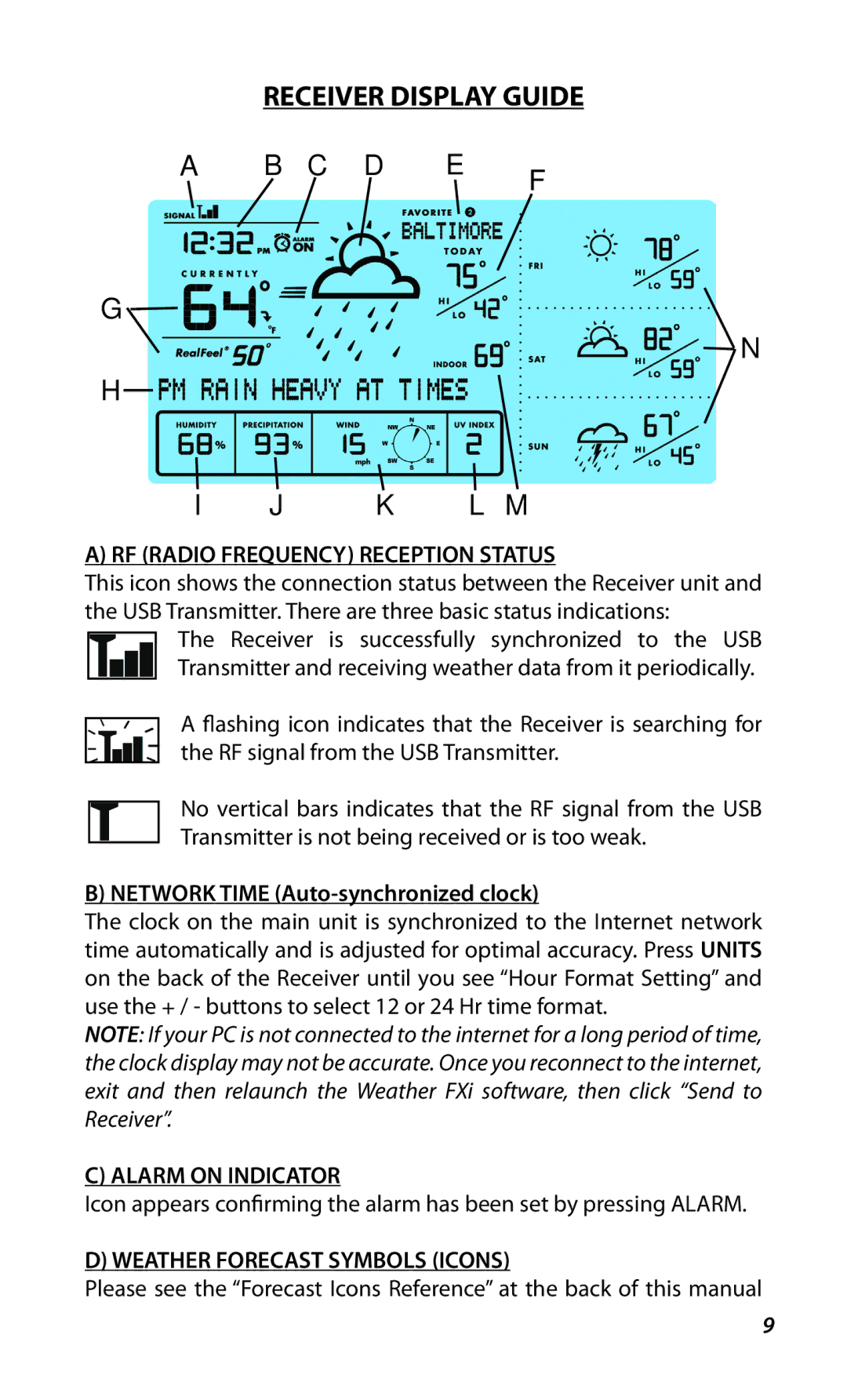 Bushnell 960900C Receiver Display Guide C D E F K L M, RF Radio Frequency Reception Status, Alarm on Indicator 