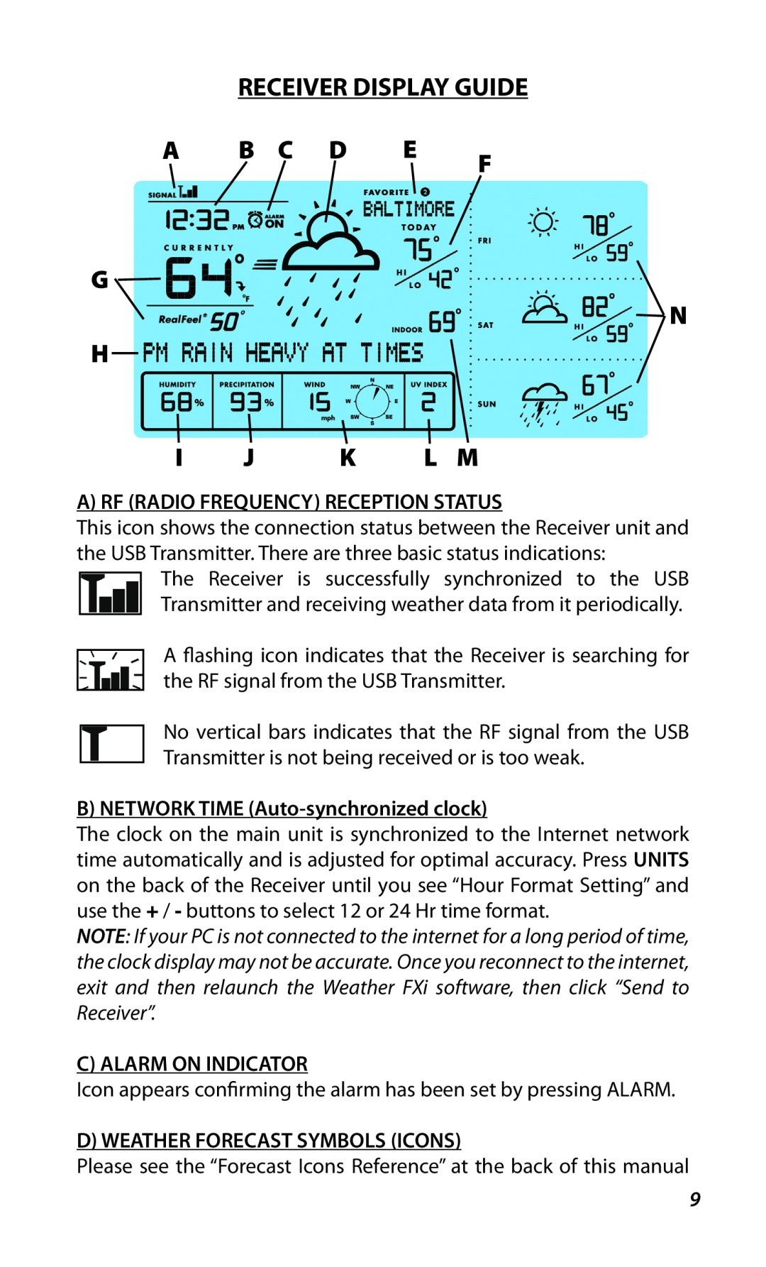 Bushnell 960900C Receiver Display Guide A B C D E F G N H I J K L M, A Rf Radio Frequency Reception Status 