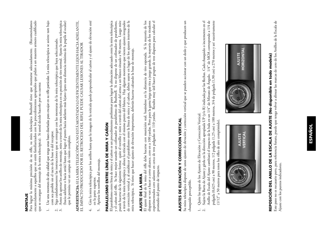 Bushnell 98-0603/06-05 instruction manual Montaje, Paralelismo Entre Línea DE Mira Y Cañon, Ajuste DE LA Mira, Horizontal 