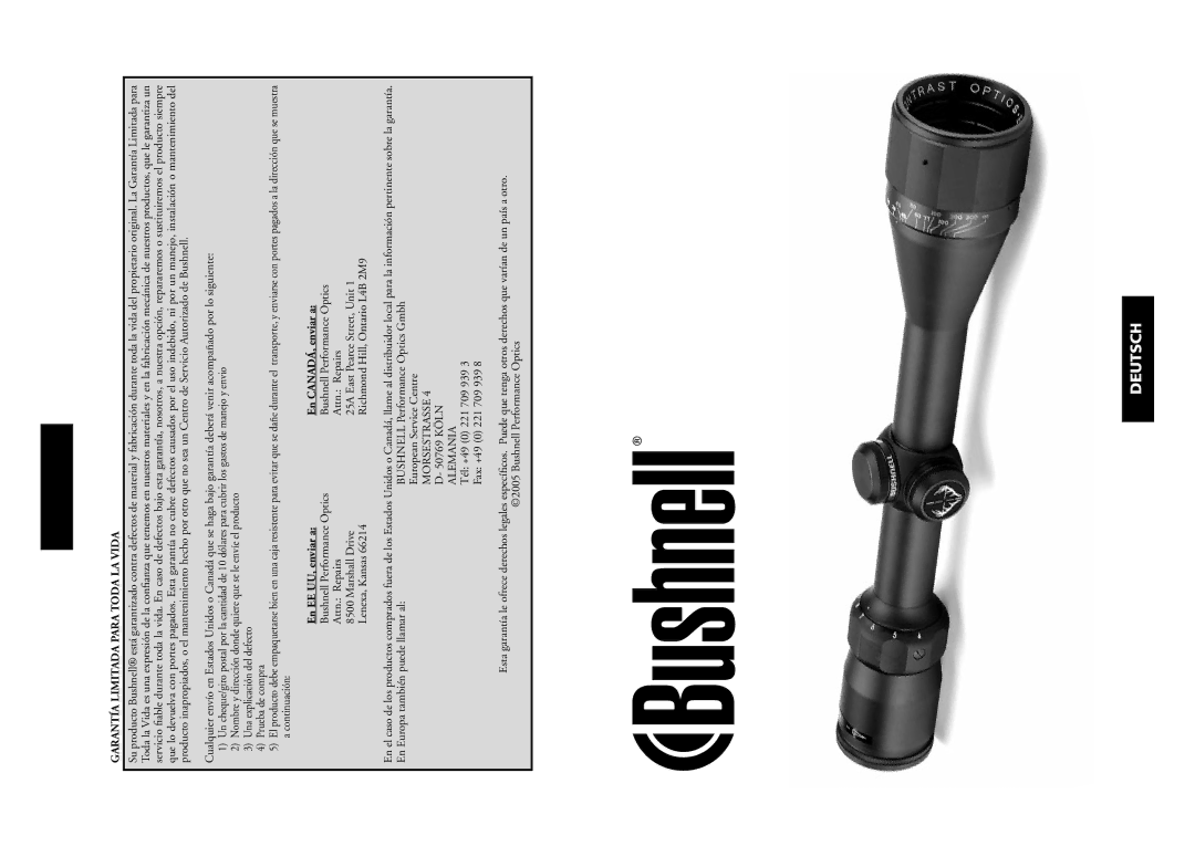 Bushnell 98-0603/06-05 instruction manual Deutsch, Garantía Limitada Para Toda LA Vida 