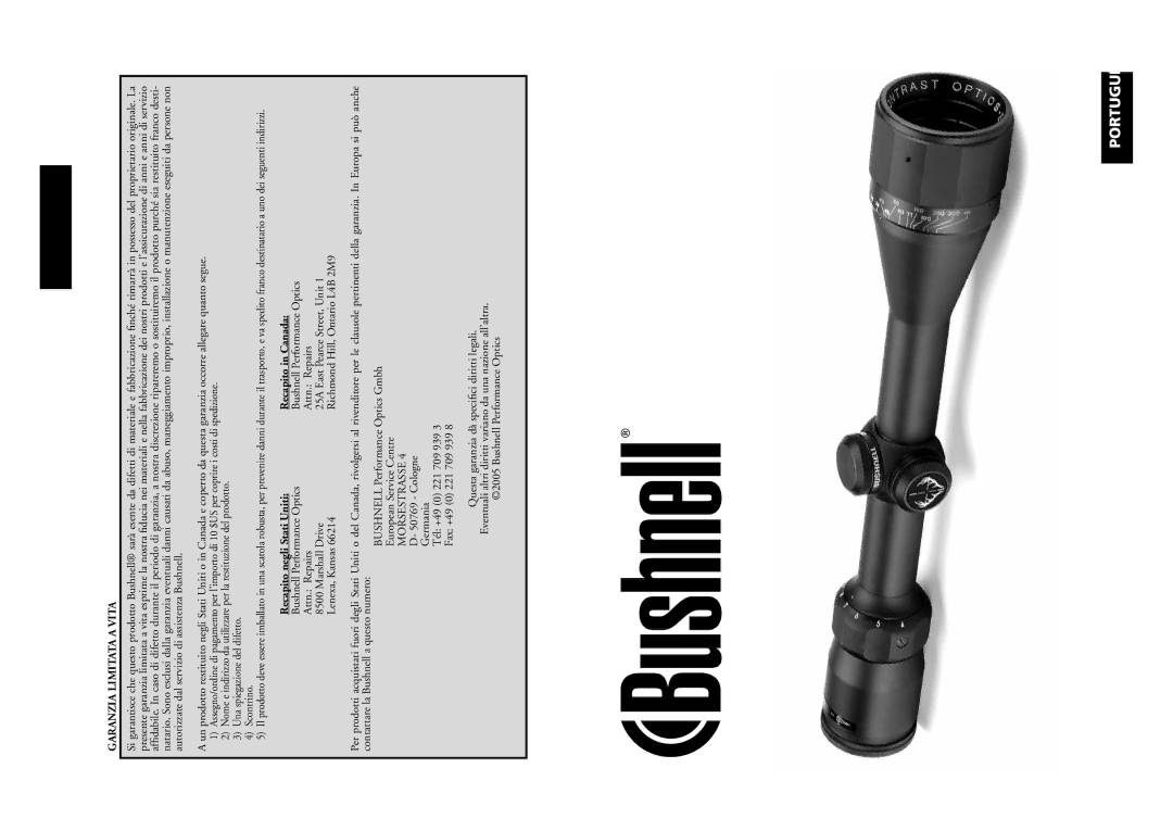 Bushnell 98-0603/06-05 instruction manual Portuguê, Garanzia Limitata a Vita 