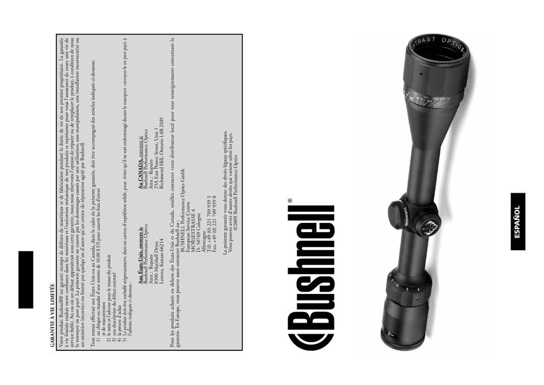 Bushnell 98-0603/06-05 instruction manual Español, Garantie À VIE Limitée 