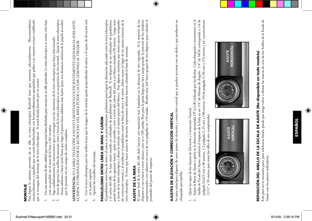 Bushnell 98-0603/06-05 instruction manual Montaje, Paralelismo Entre Línea DE Mira Y Cañon, Ajuste DE LA Mira 