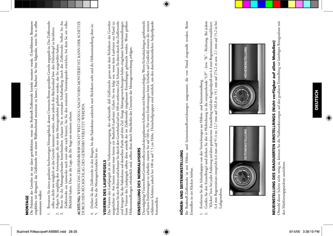 Bushnell 98-0603/06-05 Montage, Visieren DES Laufspiegels, Einstellung DES Normalvisiers, HÖHEN- UND Seiteneinstellung 