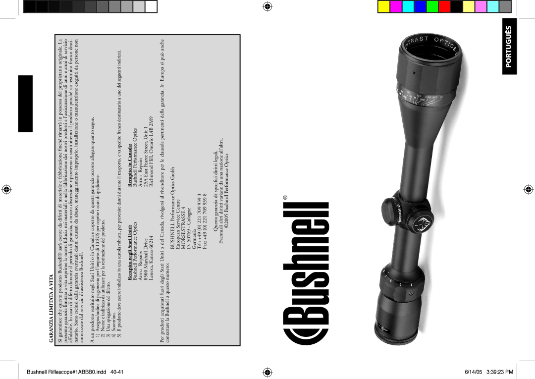 Bushnell 98-0603/06-05 instruction manual Português, Garanzia Limitata a Vita 