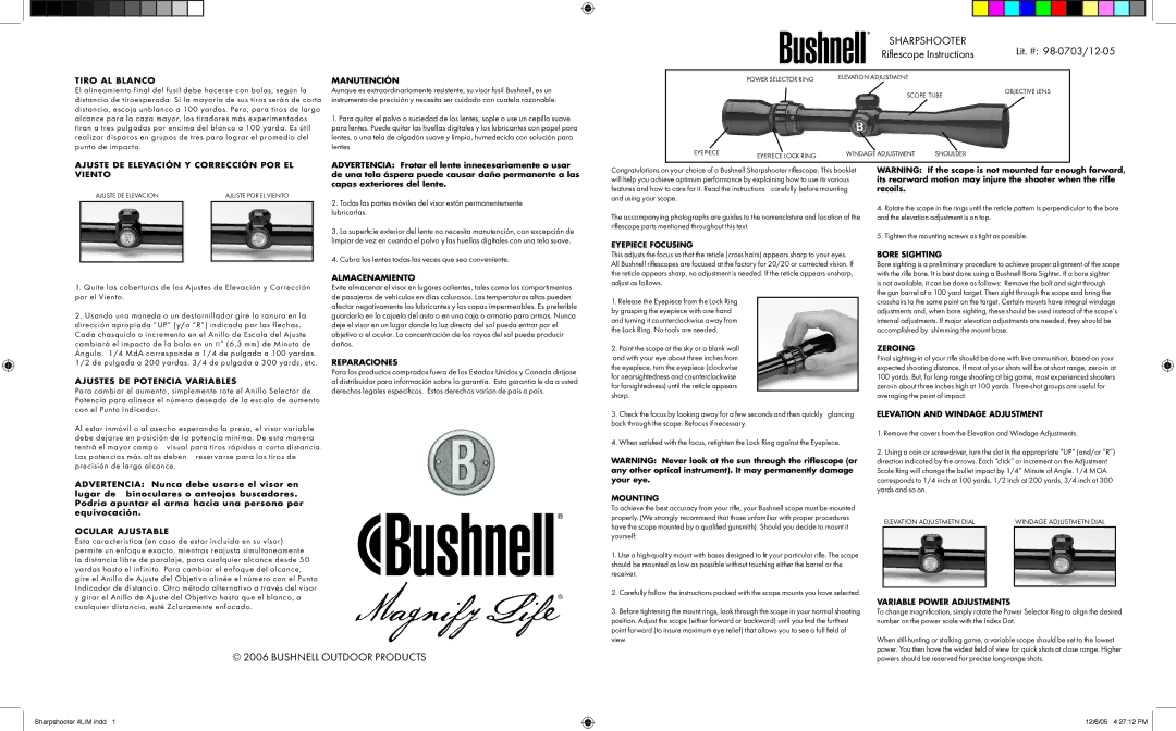 Bushnell 98-0703/12-05 manual Tiro AL Blanco, Manutención, Ajuste DE Elevación Y Corrección POR EL Viento, Almacenamiento 