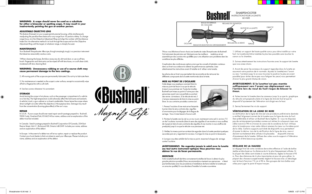 Bushnell 98-0703/12-05 Adjustable Objective Lens, Maintenance, Storage, Repair, Montage, Vérification DE LA Ligne DE Mire 