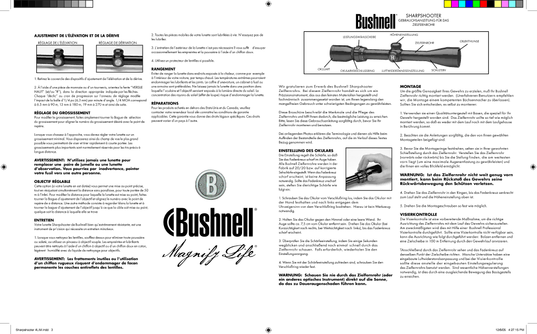 Bushnell 98-0703/12-05 Ajustement DE L’ÉLÉVATION ET DE LA Dérive, Rangement, Réglage DU Grossissement, Objectif Réglable 