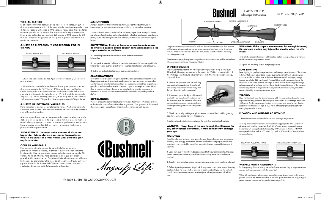 Bushnell manual Sharpshooter, Lit. # 98-0703/12-05, Bushnell Outdoor Products, Riflescope Instructions 