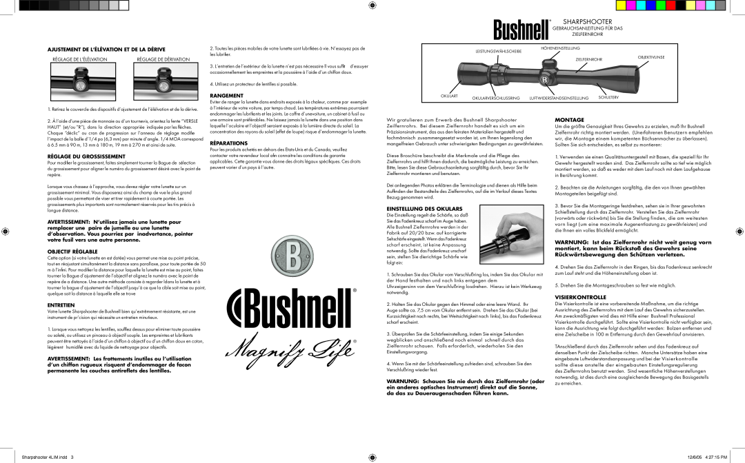 Bushnell 98-0703/12-05 manual Sharpshooter, Montage, Visierkontrolle 