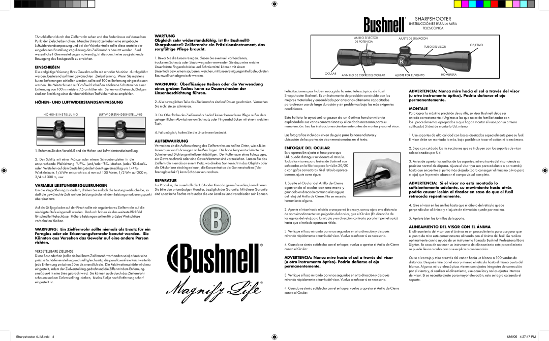 Bushnell 98-0703/12-05 manual Sharpshooter, Telescópica, Objetivo, Hombrera 